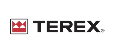 Terex logo featuring bold black letters and a square symbol with two red triangles.